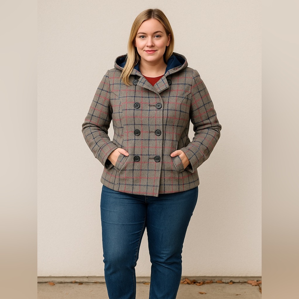 Aeropostale Plaid Hooded Peacock Double-Breasted Women's Jacket Grey Pink Blue